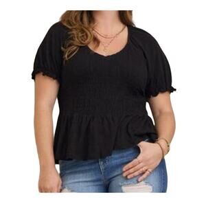 Torrid Cotton Modal Slub Smocked Babydoll Top Short Sleeve Black Size 3X New
